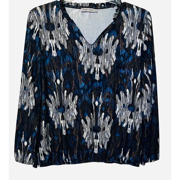 DREAMSTAR LONG SLEEVE V-NECK TOP, WOMENS, XL, NAVY BLUE BROWN WHITE ABSTRACT - Picture 1 of 11